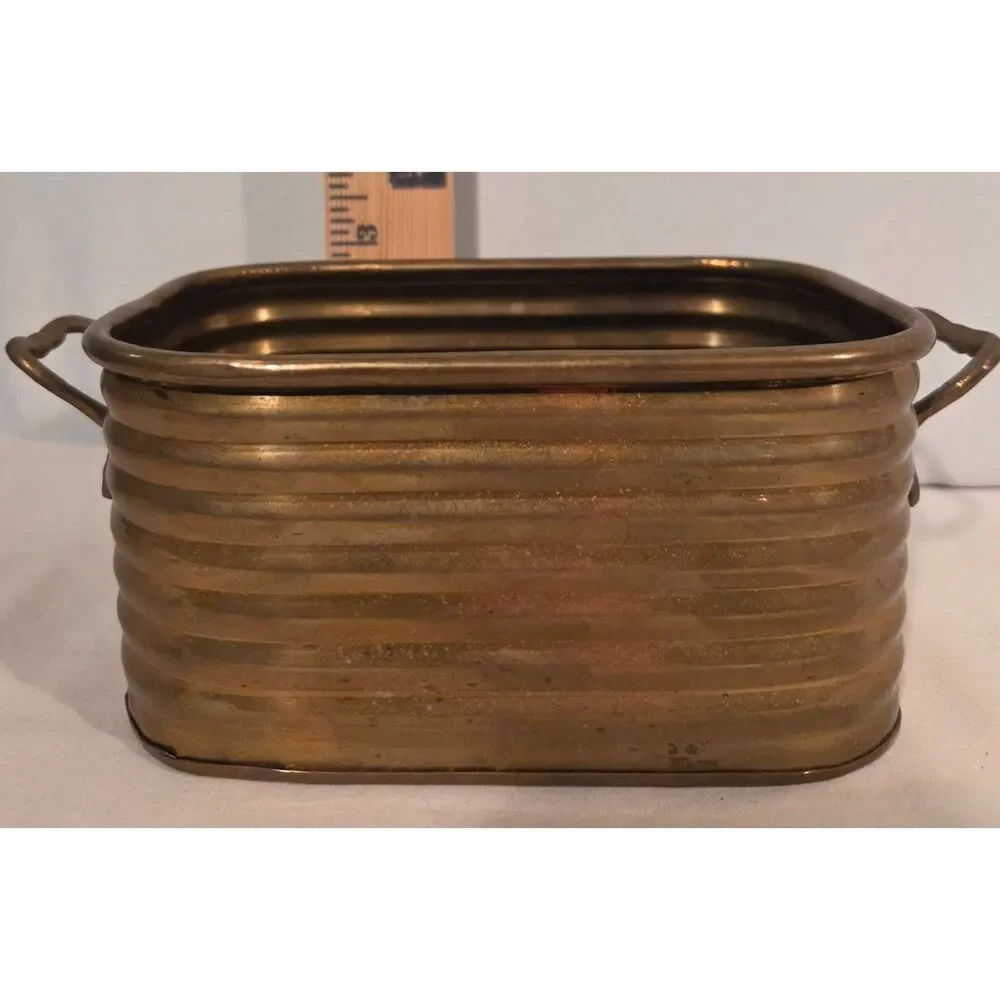 Vintage Brass Planter Oval Ribbed Metal Cachepot Made in India
